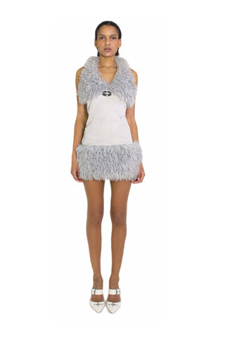 grey fur dress Miss Circle Women Daisy Grey Drop Waist Fur Trim Halter Mini Dress